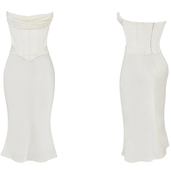 House of CB 'Sienna' Ivory Satin Strapless Corset Midi Dress NWOT - Picture 11 of 15